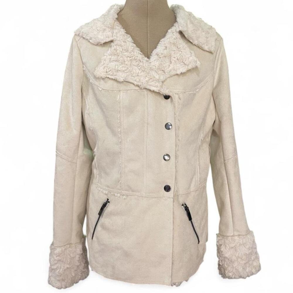Y2K Sugarfly white faux fur/suede jacket, size M